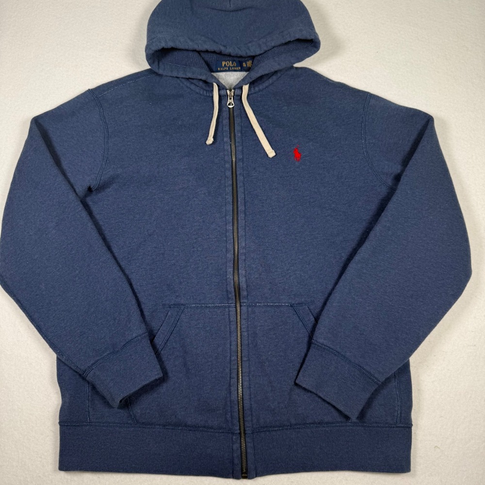Polo Ralph Lauren Mens XL Blue Heather Full Zip Fleece Hoodie Red Pony Logo